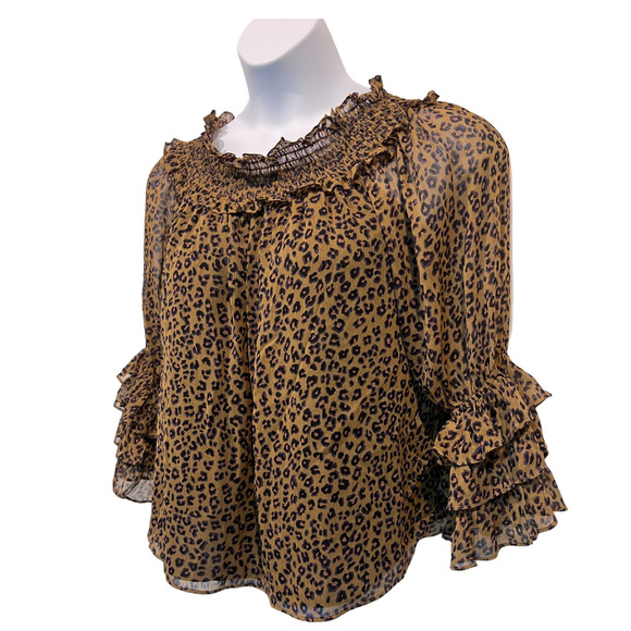 CeCe Top Wmns Large Leopard Print Sheer Blouse Off the Shoulder Ruffle Sleeve - Picture 9 of 13